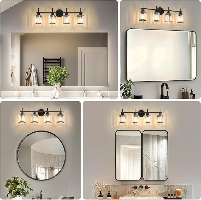 Black Bathroom Light Fixtures, Round, 4-Light | Vanity Lights with Crystal Shades, Modern Bathroom Lighting Fixtures over Mirror (Bulbs Not Included, E26)