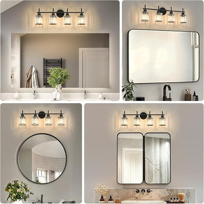 Black Bathroom Light Fixtures, Round, 4-Light | Vanity Lights with Crystal Shades, Modern Bathroom Lighting Fixtures over Mirror (Bulbs Not Included, E26)