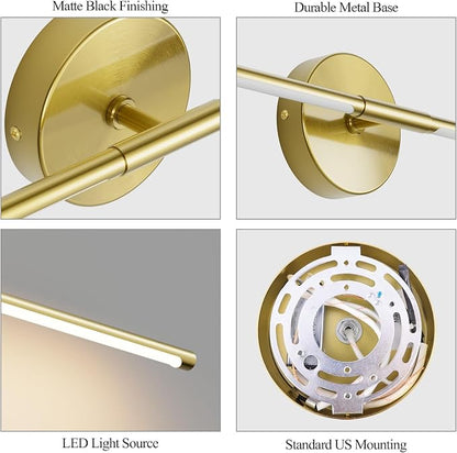 28In Gold Wall Sconce Set of Two,Modern Hardwired Bathroom Wall Sconces Vantiy Light 3000K LED 360° Rotatable for Bedroom Bathroom Living Room (2 Pack)
