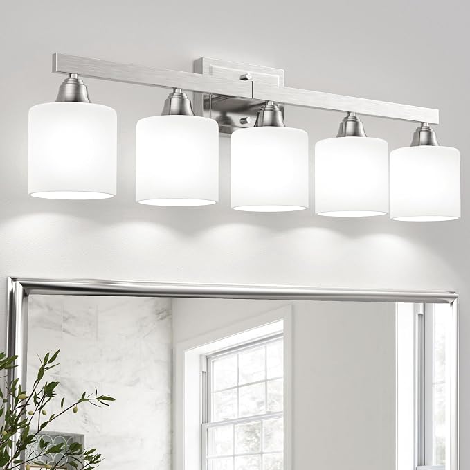 VOLISUN Brushed Nickel 5-Light Bathroom Vanity Light Fixtures Over Mirror | Modern Vanity Light for Bathrooms, Milky White Frosted Glass Shades