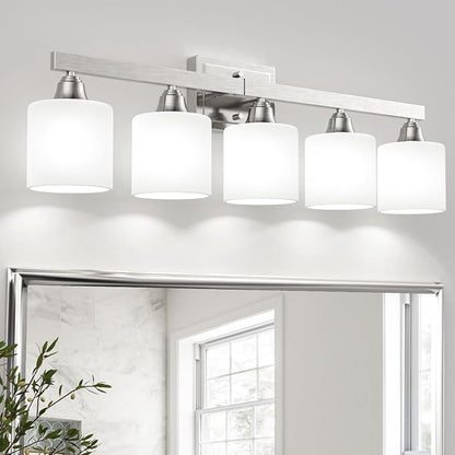 VOLISUN Brushed Nickel 5-Light Bathroom Vanity Light Fixtures Over Mirror | Modern Vanity Light for Bathrooms, Milky White Frosted Glass Shades