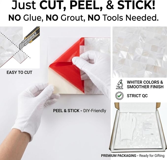 10-Sheet Solid Pure White Mother of Pearl Peel and Stick Backsplash Tiles | Shell Peel and Stick Wall Panels, 12×12" Waterproof Mosaic Tiles, Square Self-adhesive Backsplash for Kitchen, Bathroom