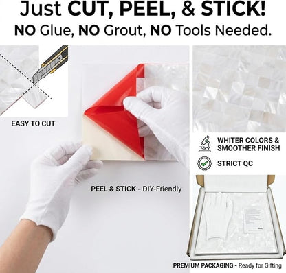 10-Sheet Solid Pure White Mother of Pearl Peel and Stick Backsplash Tiles | Shell Peel and Stick Wall Panels, 12×12" Waterproof Mosaic Tiles, Square Self-adhesive Backsplash for Kitchen, Bathroom
