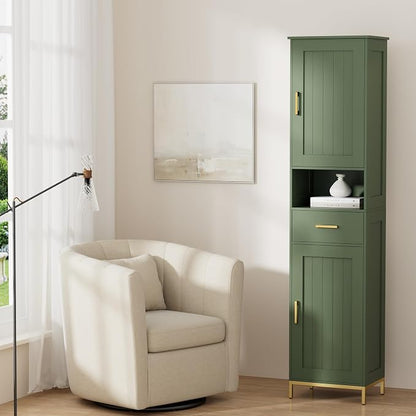 Homhedy 67" H Bathroom Storage Cabinet, Tall Bathroom Cabinet, Green | Narrow Cabinet with Doors and Drawer, Adjustable Shelves, Floor Cabinet for Bathroom, Living Room, Kitchen, Dining Room