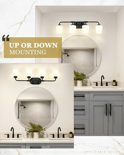 Bathroom Light Fixtures Over Mirror, 4-Light Matte Black Vanity Lighting Fixtures with Milk White Glass, Vintage Farmhouse Wall Sconces Lighting, AD-22004-4W-BK