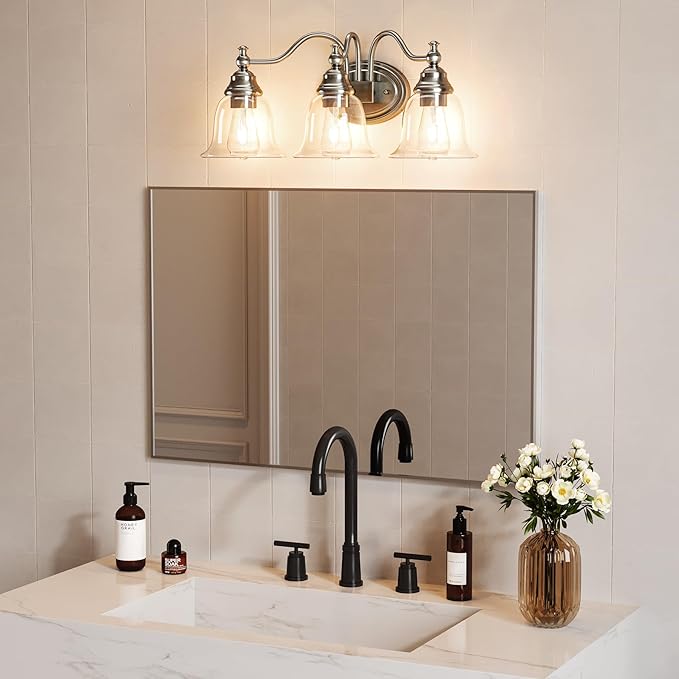 Tribesigns 3-Light Bathroom Light Fixtures, Modern Vanity Light with Clear Glass Shade, Bathroom Wall Lamp for Mirror Living Room Kitchen Hallway Porch, E26 Base, Bulbs Not Included (Silver)