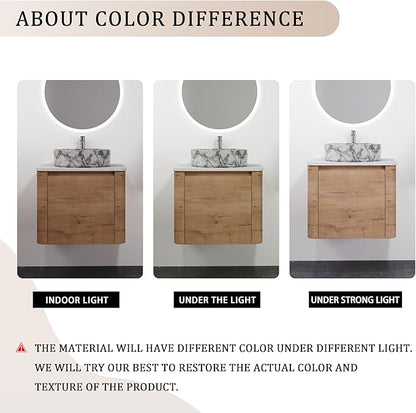 LKTART 24 Inch Floating Bathroom Vanity with Sink, Modern Wall Mounted Bathroom with Soft Close Door, Stone Round Ceramic Basin and Sintered Stone Top