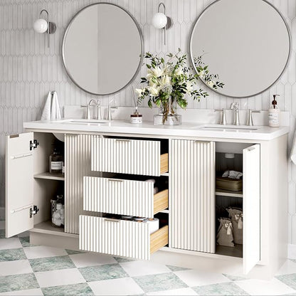 ARIEL Milan 72-inch Bathroom Vanity with Sink,Solid Wood, 1.5-inch Pure White Quartz Countertop & Backsplash, Double Rectangular Porcelain Sink, 4 Soft Closing Doors, 3 Dovetail Drawers, Warm White