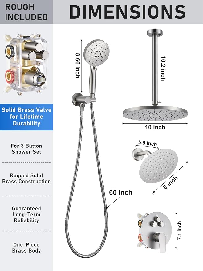 Woindo Shower Faucet Set 10" Rain Shower Head/8'' Side Shower Head and 3 Setting Handheld Ceiling Mount 3 Push Button Diverter Complete Rainfall Round Shower System Included Valve Trim Kit