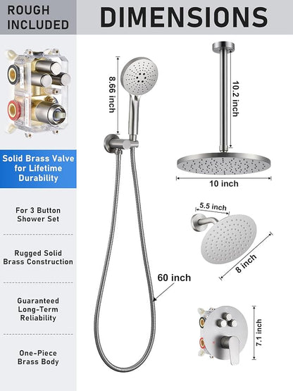 Woindo Shower Faucet Set 10" Rain Shower Head/8'' Side Shower Head and 3 Setting Handheld Ceiling Mount 3 Push Button Diverter Complete Rainfall Round Shower System Included Valve Trim Kit