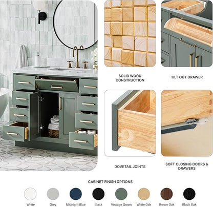 Isabella 48-inch Vintage Green Bathroom Vanity with Center Rectangle Single Sink, Italian Carrara Marble Countertop & Backsplash, Solid Wood Frame, Soft-Closing & Dovetail Drawers