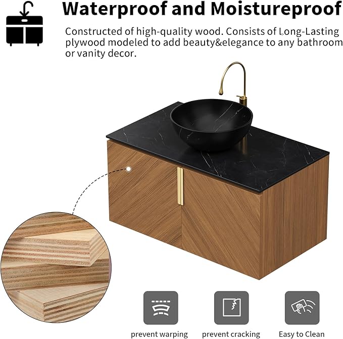 LKTART 36 Inch Bathroom Vanity with Sink, Modern Wall Mounted Bathroom Sink with 2 Doors, Black Sintered Stone Countertop and Black Bowl Ceramic Basin