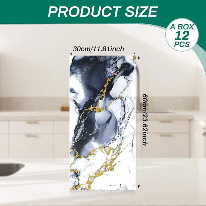 12pcs White and Black Marble Peel and Stick Tiles 23.6"x11.8" Waterproof Heat Resistant Self Adhesive Removable PVC Wall Panels for Kitchen Backsplash, Bathroom, Laundry (Not Real Tile, Not for Floor)