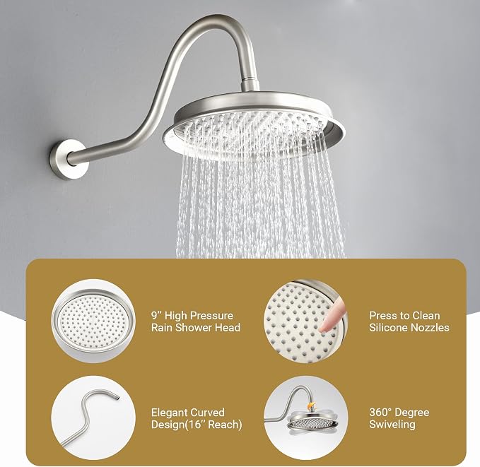 DASAN Rain Shower System Complete Antique Shower Faucet Sets, Shower Fixtures Combo with Pressure Balance Valve, Trim Kit, 9’’ Rainfall Overhead Shower & Handheld, Color Brushed Nickel AT209C-BN