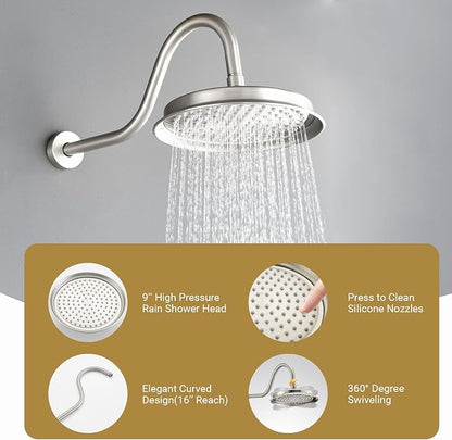 DASAN Rain Shower System Complete Antique Shower Faucet Sets, Shower Fixtures Combo with Pressure Balance Valve, Trim Kit, 9’’ Rainfall Overhead Shower & Handheld, Color Brushed Nickel AT209C-BN