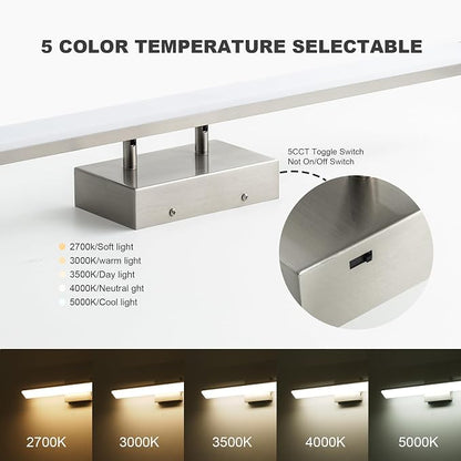 mirrea 36in 5CCT Brushed Nickel LED Vanity Lights for Bathroom Over Mirror | 5 color temperatures,Adjustable light angle,ETL listed,Dimmable,Bathroom lighting fixtures,Eye-friendly,Frosted acrylic shade
