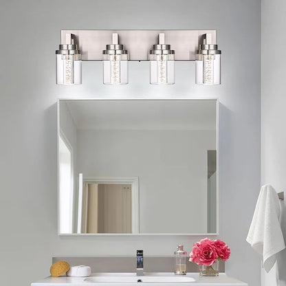 MELUCEE 4-Light LED Bathroom Lighting Fixtures Brushed Nickel 3000K-6000K | Dimmable LED Vanity Light for Bathroom 5CCT Bubble Crystal Bath Wall Lights with Clear Glass Shade, Built-In Led Chips