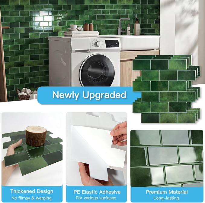 Art3d 10-Pack Subway Tiles Peel and Stick Backsplash, Green, 12 x 12 Inch | Thickened Design, No Warping, Durable, Self-Adhesive, Sturdy, for Kitchen, Bedroom, Ideal for New Home Buyers, Future Movers