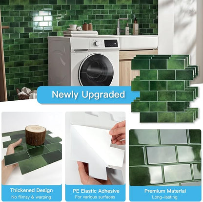 Art3d 10-Pack Subway Tiles Peel and Stick Backsplash, Green, 12 x 12 Inch | Thickened Design, No Warping, Durable, Self-Adhesive, Sturdy, for Kitchen, Bedroom, Ideal for New Home Buyers, Future Movers