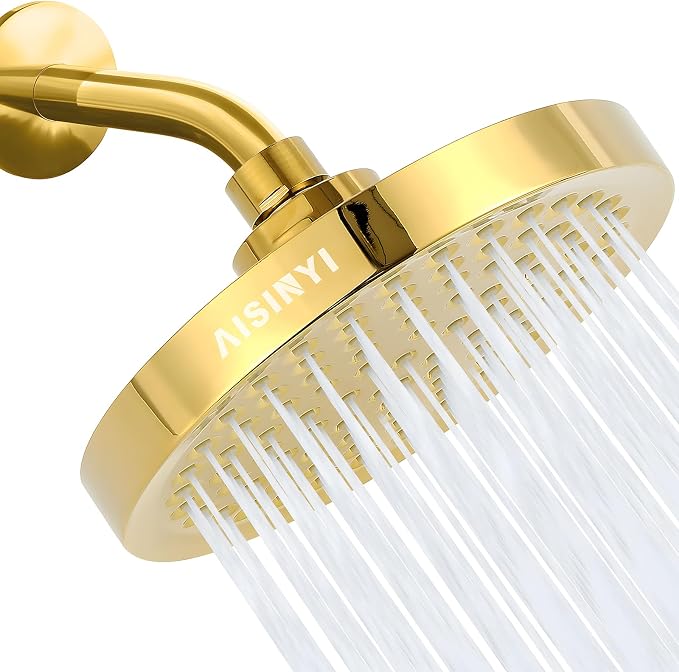 6" High Pressure Rain Shower Head, Luxury Gold Plated Finish | 6 Inch Fixed Bathroom Showerhead, Adjustable Replacement, 90 Anti-Clog Nozzles, Removable Restrictor, Tool-Free Easy Install
