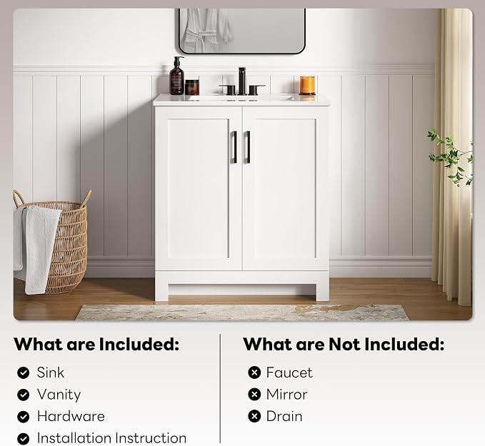 LIKIMIO 30" Bathroom Vanity with Sink, 2 Soft-Close Doors, White | Freestanding Bathroom Vanity, Integrated Ceramic Sink, Modern Bathroom Storage Cabinet for Small Bathroom, Easy Assembly