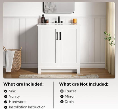 LIKIMIO 30" Bathroom Vanity with Sink, 2 Soft-Close Doors, White | Freestanding Bathroom Vanity, Integrated Ceramic Sink, Modern Bathroom Storage Cabinet for Small Bathroom, Easy Assembly