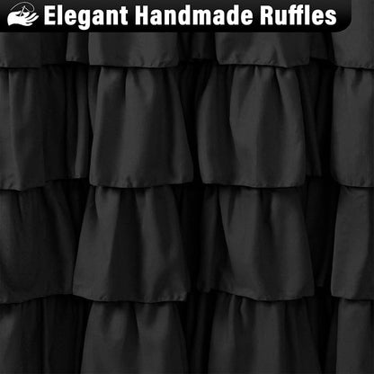 Seasonwood Black Ruffle Shower Curtain Farmhouse Shower Curtain 72 X 84 | Natural button accents, layered fabric tiers, shabby chic and French country styling for decorative bathroom updates