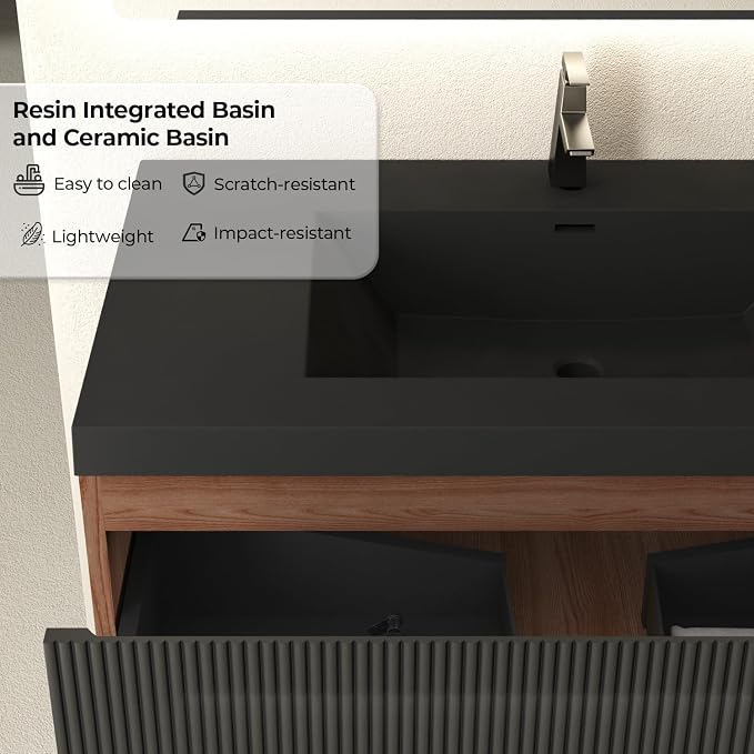 36 Inch Floating Bathroom Vanity with Sink, Wall Mounted Striped Storage Cabinet, Soft Close Drawer, Black Quartz Sand Basin, Fully Assembled, Smoked Walnut Finish