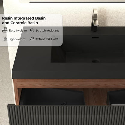 36 Inch Floating Bathroom Vanity with Sink, Wall Mounted Striped Storage Cabinet, Soft Close Drawer, Black Quartz Sand Basin, Fully Assembled, Smoked Walnut Finish