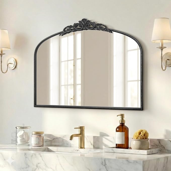 Micasso Vintage Black Arched Mirror: 36"x29" Baroque Antique Wall Mirror | Traditional Ornate French Decorative Wall Mirror for Bedroom/Bathroom/Entryway/Hallway/Dresser/Vanity/Mantel/Nightstand
