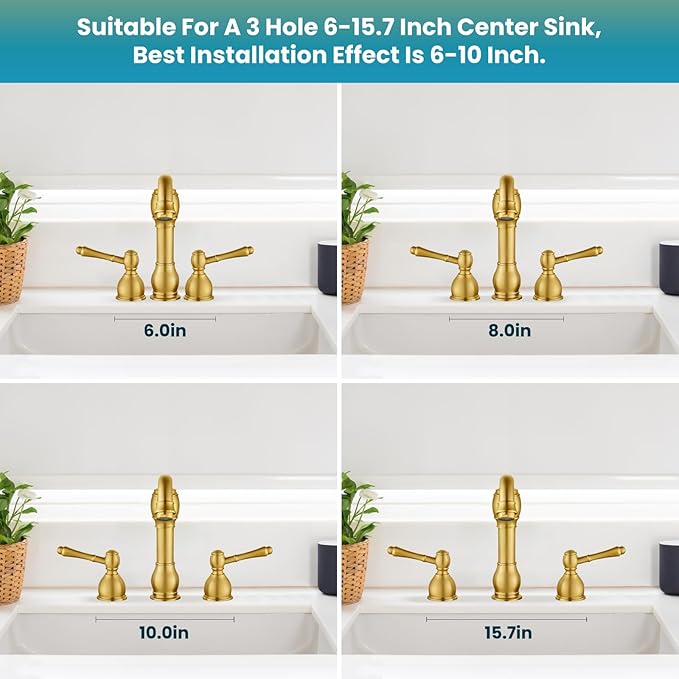 gotonovo 8 Inch Widespread Bathroom Faucets for Sink 3 Hole 2 Lever Handle Deck Mount with Pop Up Drain Hot and Cold Water Supply Lines Brushed Gold