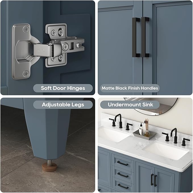 60 Inch Bathroom Vanity with Double Sink, Solid Wooden Frame Bathroom Sink Cabinet Vanity with Adjustable Feet, Bathroom Storage Cabinet with Soft Closing Doors-Steel Blue