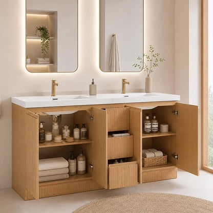 60 Inch Double Bathroom Vanity with SMC Resin Sink, Wood | 3 Drawers & 4 Soft-Close Doors, 1.9-inch Countertop,Multilayer Plywood, Brushed Nickel Hardware for Hotels, Apartments
