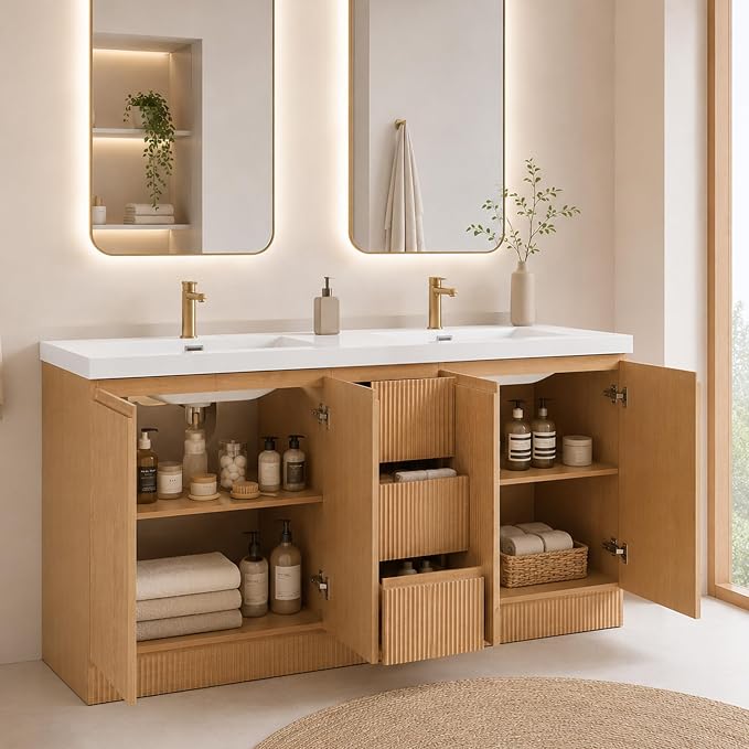 60 Inch Bathroom Vanity with Sink, Modern Fluted Freestanding Vanity | 4 Soft Closing Doors & 3 Drawers, Double Sink Waterproof Lacquer Finish for Master Bathroom & Family Home