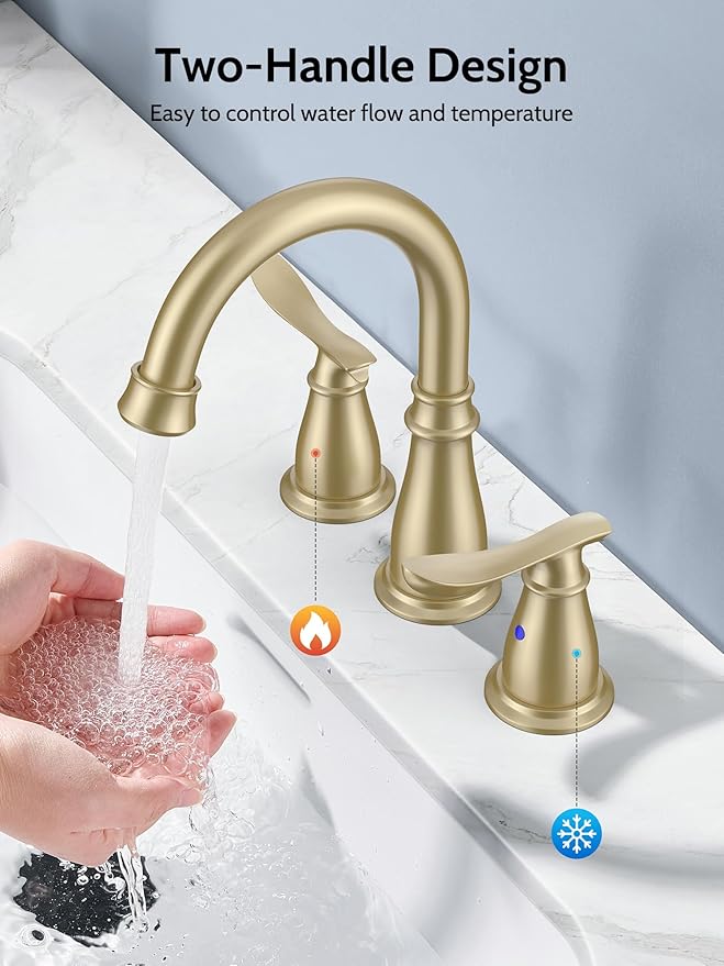 Brushed Gold Bathroom Faucet 3 Hole, 4 Inch Bathroom Sink Faucet with 2 Hot/Cold Handles, Pop-Up Drain, Lead-Free, No-Leak, RV Faucet for Bathroom Sink, Bath, Camper