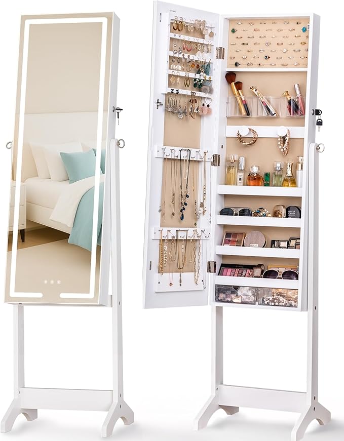 LUXFURNI Standing Jewelry Armoire Cabinet with Full‑Length Mirror Storage | 3‑Color LED Lights, 3 Brush Holders, 3 Adjustable Tilt Angles, True‑to‑View Glass, USB‑Powered Supply, Lockable Design