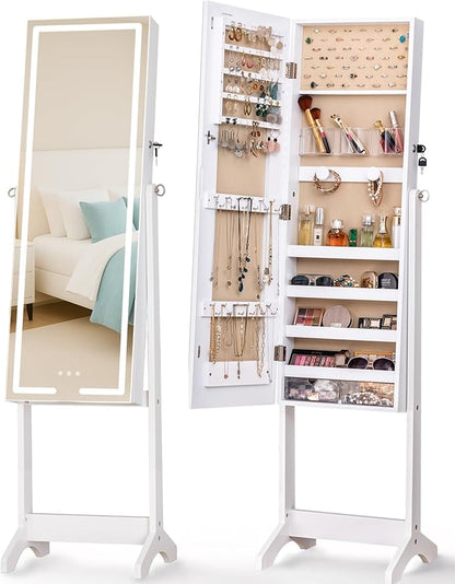 LUXFURNI Standing Jewelry Armoire Cabinet with Full‑Length Mirror Storage | 3‑Color LED Lights, 3 Brush Holders, 3 Adjustable Tilt Angles, True‑to‑View Glass, USB‑Powered Supply, Lockable Design