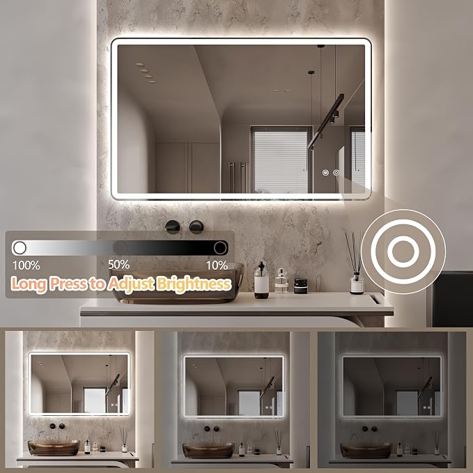 Niccy Rectangle LED Bathroom Mirrors, Vanity Mirror with Lights, 30"x48" | Frameless Lighted Mirror for Bedroom Living Room, 3 Colors & Stepless Dimmable Anti-Fog Memory Function, Horizontal/Vertical