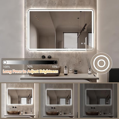 Niccy Rectangle LED Bathroom Mirrors, Vanity Mirror with Lights, 30"x48" | Frameless Lighted Mirror for Bedroom Living Room, 3 Colors & Stepless Dimmable Anti-Fog Memory Function, Horizontal/Vertical