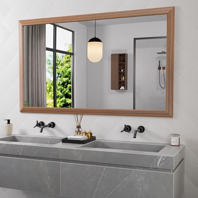 Bathroom Mirror for Wall, 60 X36 Inch (Walnut Wood Grain) | Metal Framed, HD Reflection, Anti-Rust, Hang Horizontally/Vertically, Suitable for Bedroom, Farmhouse, Bathroom, Entryway
