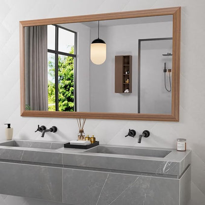 Bathroom Mirror for Wall, 60 X36 Inch (Walnut Wood Grain) | Metal Framed, HD Reflection, Anti-Rust, Hang Horizontally/Vertically, Suitable for Bedroom, Farmhouse, Bathroom, Entryway