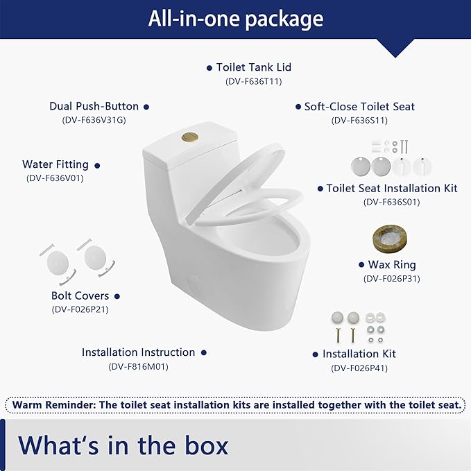 DeerValley Elongated One-Piece Toilet with Standard Height 1.1/1.6 Dual Flush Toilets with Soft Closing Seat and Gold Button