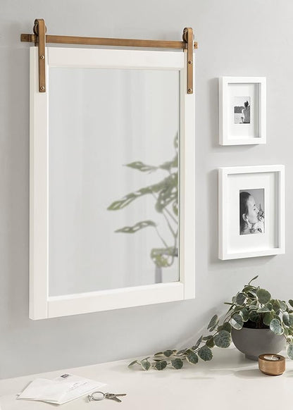Kate and Laurel Skylan Modern Farmhouse Decorative Wood Framed Wall Mirror; 24 x 30; White and Antique Gold; Barn Door-Inspired Transitional Wall Hanging Mirror for Bathroom or Living Room Uses