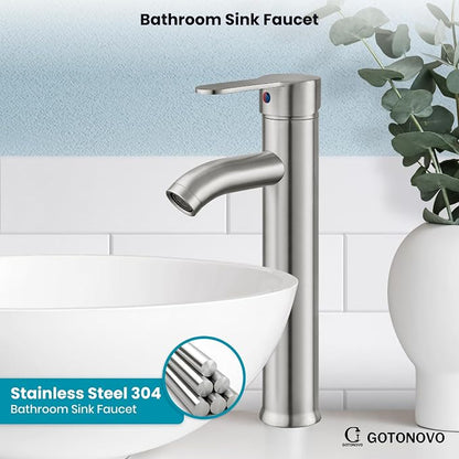 gotonovo Modern Vessel Sink Faucet with ABS Pop Up Drain, Brushed Nickel | Modern Tall Bathroom Faucet 1 Hole Single Handle Round Body, cUPC Water Supply Hoses, Basin Mixer Tap for Vanity Lavatory Rv