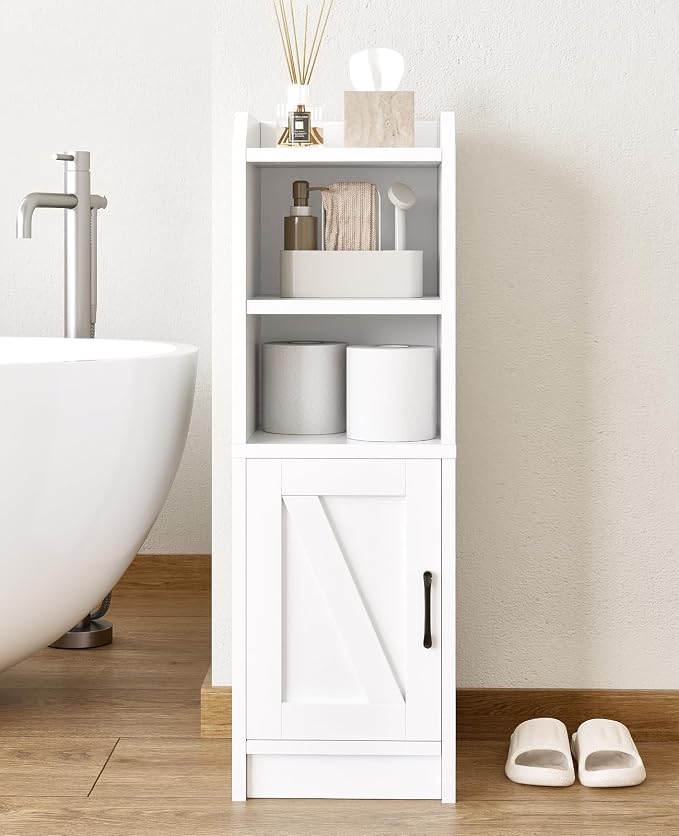 Narrow Bathroom Storage Cabinet with Door & Adjustable Shelf, 9.8" W Slim Storage Cabinet for Small Spaces, Skinny Toilet Paper Cabinet, 9.8" W × 7.9" D × 29.5" H, White