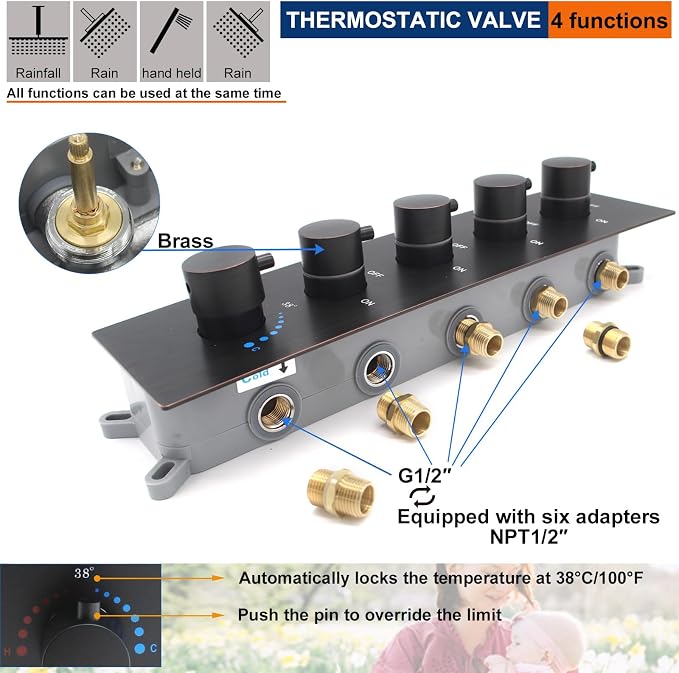 Thermostatic Shower System with 14x20 Inch Ceiling Mount LED Head & 6 Inch Wall Head and Handheld Shower 4 Function Vale with body jets, Oil Rubbed Bronz