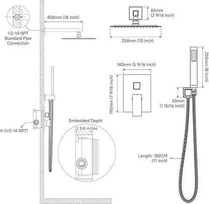 Black Shower System Sets Faucet: EMBATHER 10 Inch Overhead Rainhead Shower Combo Set with Handheld and Valve-Luxury Rain Mixer Rainfall Black Shower Faucets Sets Complete