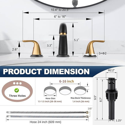 Aleasha Bathroom Sink Faucet 3 Holes Black Gold, Widespread Bathroom Faucet, Washroom Faucets with Pop Up Drain, Washroom Sink Faucets with 304 Stainless Steel Lead-Free Hose
