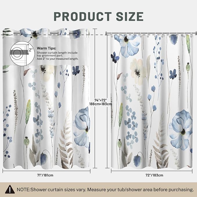 No Hook Floral Shower Curtain with Liner, Navy Blue, 71x74 | Snap in Liner, 3 in 1, Water Repellent, Easy Install, Machine Washable, Hotel Style for Bathroom, Watercolor Pattern