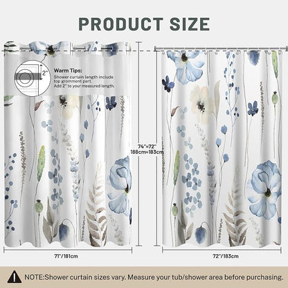 No Hook Floral Shower Curtain with Liner, Navy Blue, 71x74 | Snap in Liner, 3 in 1, Water Repellent, Easy Install, Machine Washable, Hotel Style for Bathroom, Watercolor Pattern